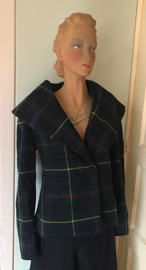 Vintage 1940s style tartan shawl collar wool jacke