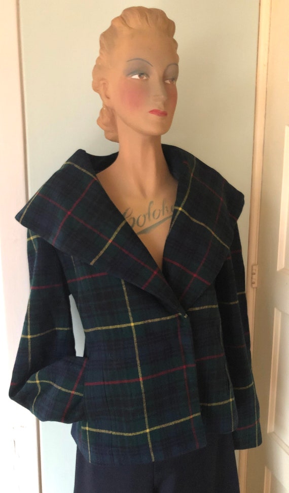 Vintage 1940s style tartan shawl collar wool jacke