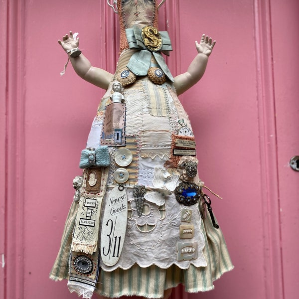 Large mixed media art doll with embroidered,  knitted hand drawn and found objects. ‘We are Dust and Shadows’
