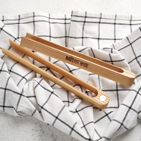 Natural Organic Ash Wood Toaster Tongs - Handmade Wooden Kitchen Tongs for Toast With Magnetic Holder | Eco-Friendly Wooden Serveware Gifts