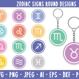 Zodiac Keychain SVG Round, Keychain Pattern SVG, Keyring Pattern SVG, 12 zodiac svg, Keychain svg, Round Pattern svg