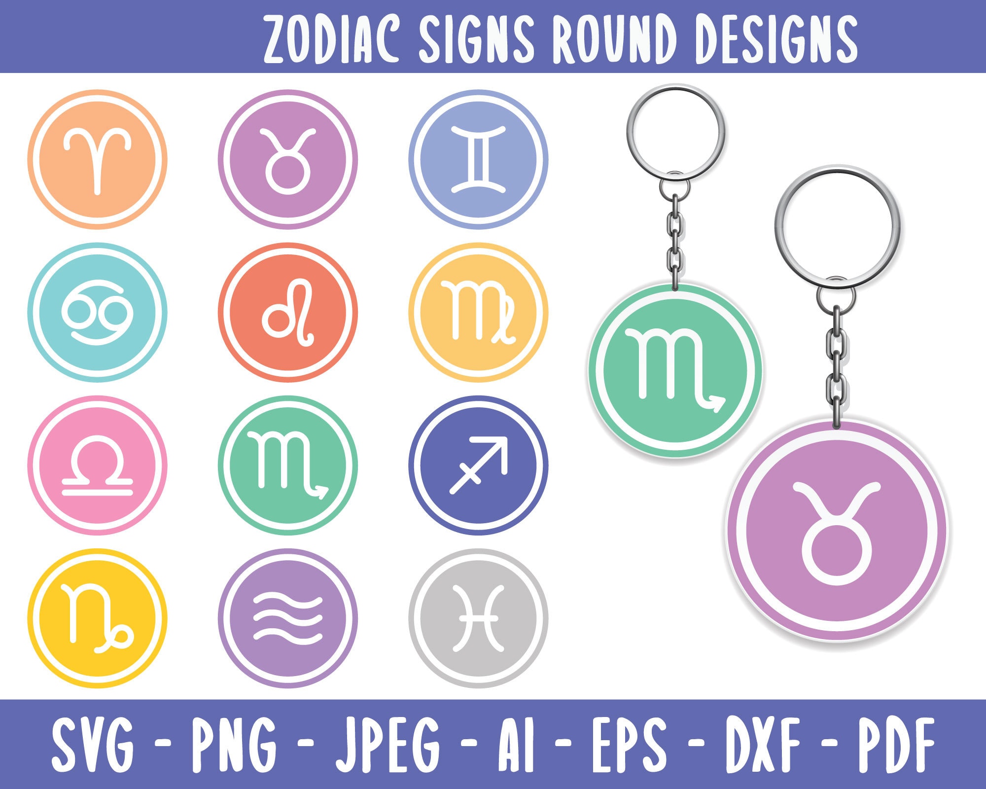 Download Zodiac Keychain SVG Round Keychain Pattern SVG Keyring | Etsy