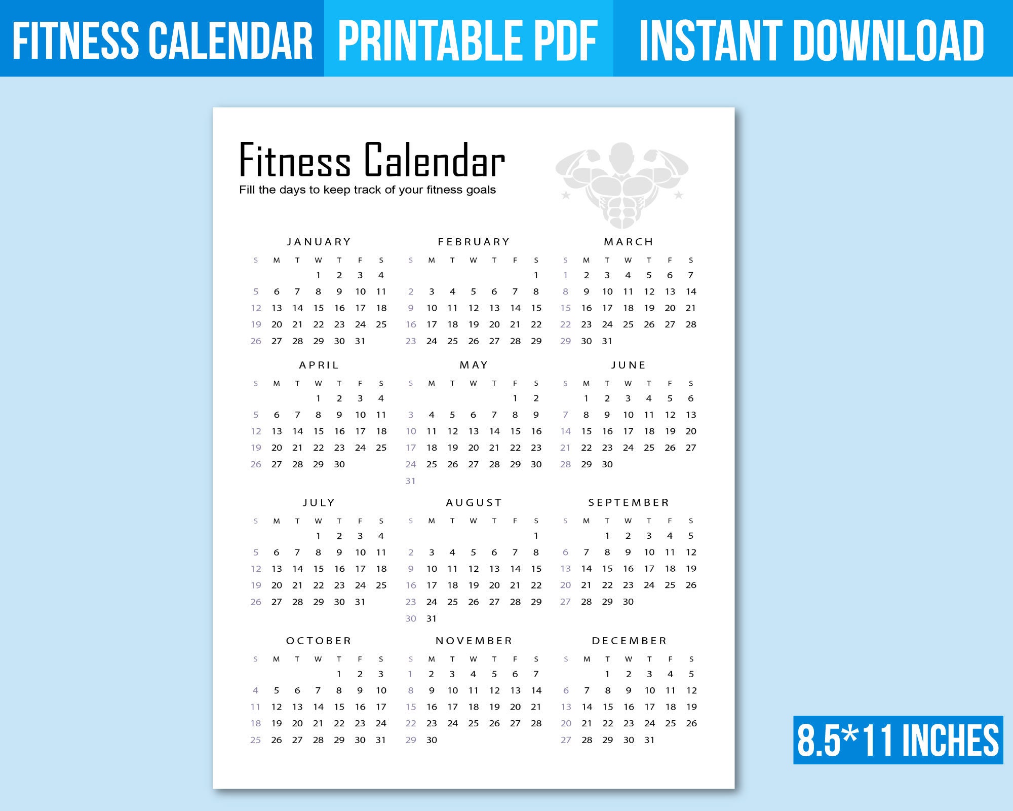 Fitness calendar printable template instant download Etsy