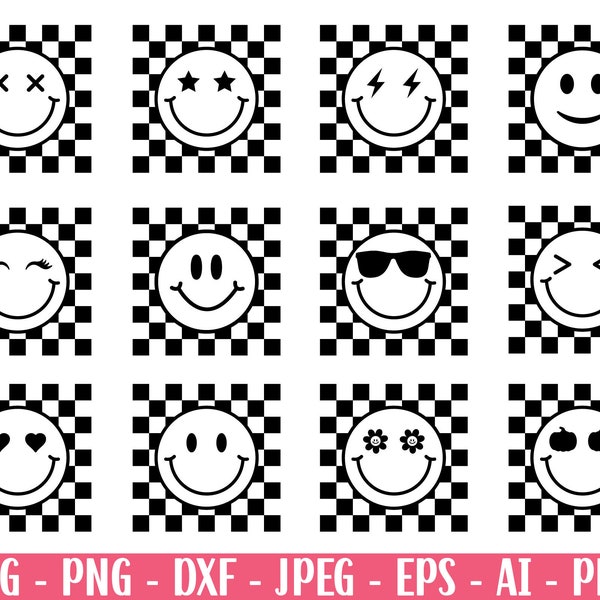 Bundle smiley face checkered pattern svg, retro happy face svg, smiley face svg, positive svg, boho trendy svg, groovy svg png