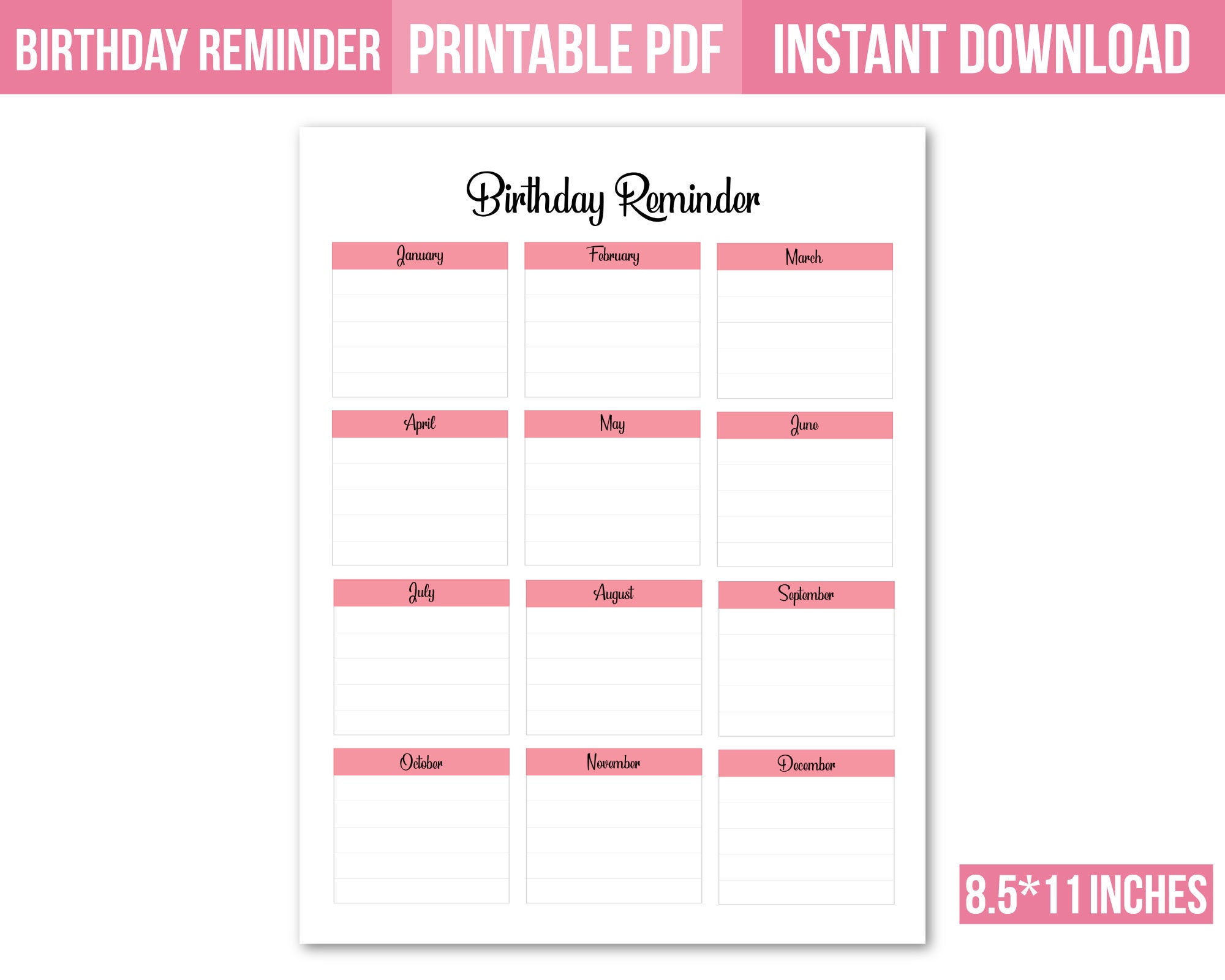 Birthday reminder printable birthday calendar birthday | Etsy