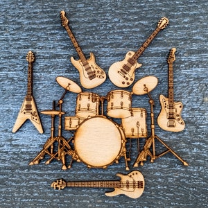 6pc Miniature Wooden Electric Guitar, Drum, and Bass Rock and Roll band set.