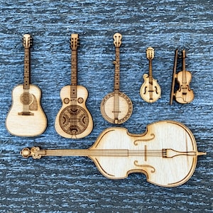 6pc Miniature Wooden Bluegrass Country Musical Instrument Set Banjo, Guitar, Mandolin, Fiddle / Violin, Dobro, Bass