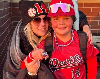 Custom Baseball Mom Slouchy Knit Hat with Number Patch