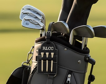 Engraved Leather Golf Tag with Tees | Custom Golf Bag Tag | Personalized Golf Gift for Him | Logo or Name Engraving | Golf Tournament Favors