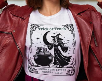 Spooky Witch Teacher Halloween Shirt: Trick or Teach Cauldron Books Design for Educators
