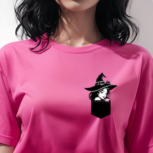 Witch Halloween Shirt Pocket Tee: Spooky Cat Design for Trick-or-Treat Costume Fun