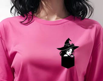 Witch Halloween Shirt Pocket Tee: Spooky Cat Design for Trick-or-Treat Costume Fun
