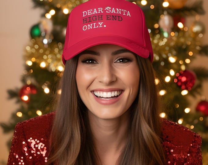 Featured listing image: Red Santa Trucker Hat, Funny Christmas Hat for Women, Boujee Holiday Gift, Trendy Holiday Truckers, High End Only Santa Hat