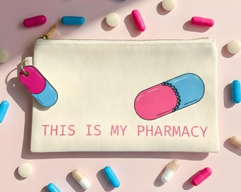 This Is My Pharmacy Funny Pill Organizer Bag with Rhinestones & Capsule Charm