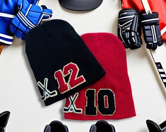 Hockey Mom Hat, Custom Slouchy Beanie with Number, Sports Mom Gift, Team Spirit Winter Travel Accessories, Hockey Team Beanie