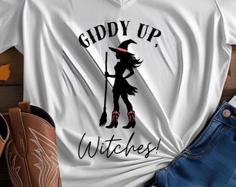 Witchy Cowgirl Halloween V-Neck Tee: Spooky Western Costume Shirt for Women