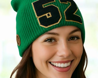 Personalized Football Mom Beanie with Player Number - Slouchy Game Day Hat - Team Spirit Winter Cap