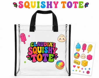 Personalized Squishy Tote Bag, Custom Clear Stadium Bag with Name, Cute Kids Tote with Bonus Sticker Sheet,  Squishy Collector Gift