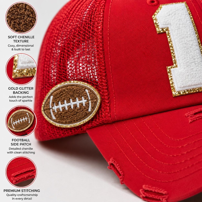 May include: A red trucker hat featuring a white chenille number one patch with a gold glitter border on the front panel. The side displays a brown chenille football patch with white stitching and a gold glitter border. The brim has distressed detailing.