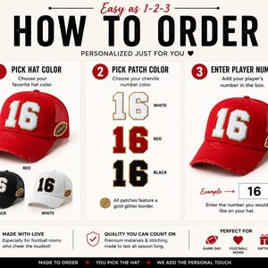 以下が含まれることがあります： HOW TO ORDERと題された、野球帽をカスタマイズする3つのステップを示す説明図。赤、黒、白の帽子に、シェニール織の数字16のワッペンと、側面に小さなアメリカンフットボールのワッペンが付いたデザインが紹介されています。