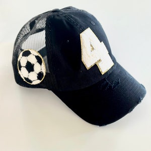 Soccer Mom Hat with Number Patch, Custom Varsity Sports Cap, Game Day Trucker Hat, Soccer Ball Design, Gift for Sports Moms