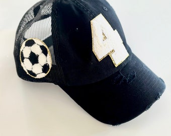 Soccer Mom Hat with Number Patch, Custom Varsity Sports Cap, Game Day Trucker Hat, Soccer Ball Design, Gift for Sports Moms