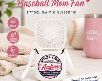 Personalized Baseball Mom Fan with Name, Emotional Support Fan, Rechargeable Neck Fan, Baseball Tournament Gift