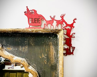 Christmas Santa Door Corner Sign, Santa's Sleigh and Reindeer Christmas Decorations, Holiday Decoration with Santa, Unique Christmas Decor