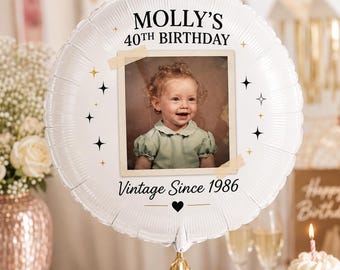 Personalized Birthday Balloon with Photo | Custom Milestone Birthday Balloon | Vintage Childhood Photo Party Decor | 18" Mylar
