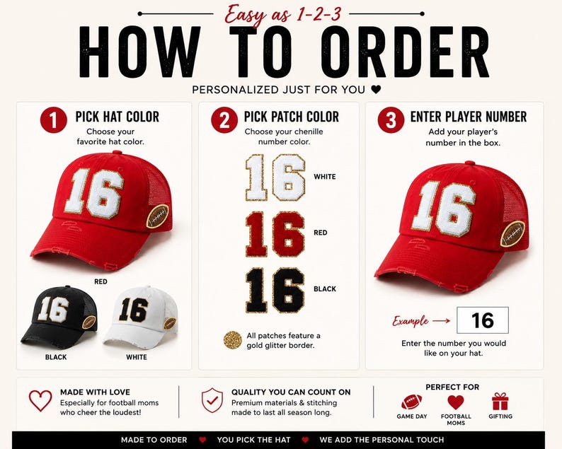 May include: An instructional graphic titled HOW TO ORDER showing three steps for customizing a baseball cap. It features red, black, and white caps with a chenille number 16 patch and a small football patch on the side, plus color options.