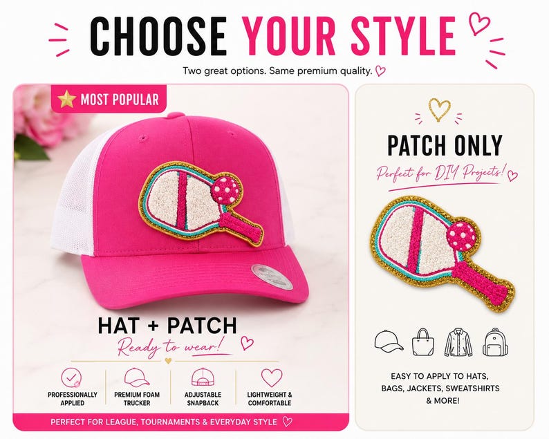 Peut inclure: Une casquette de camionneur rose vif avec un filet blanc &agrave; l'arri&egrave;re et un &eacute;cusson repr&eacute;sentant une raquette et une balle de pickleball sur le devant. L'&eacute;cusson montre une raquette blanche avec un manche rose et une balle rose &agrave; pois.
