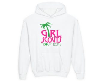 Pink Palm Puff Inspired Girl Scout Troop Youth Sweatshirt, Custom Troop Hoodie, Girl Scout Gift, Girl Scout Troop Number Hoodie