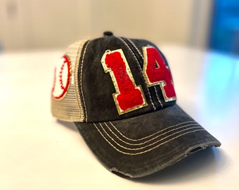 Baseball Mom Hat with Number Patch, Personalized Sports Mom Cap, Team Mom Gift, Adjustable Trucker Hat, Varsity Style, Baseball Detail