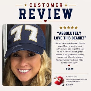 May include: A navy blue baseball cap with a distressed brim and the number 77 in white glittery fabric on the front. The text CUSTOMER REVIEW appears above the image, and a five-star rating with the text ABSOLUTELY LOVE THIS BEANIE is shown.