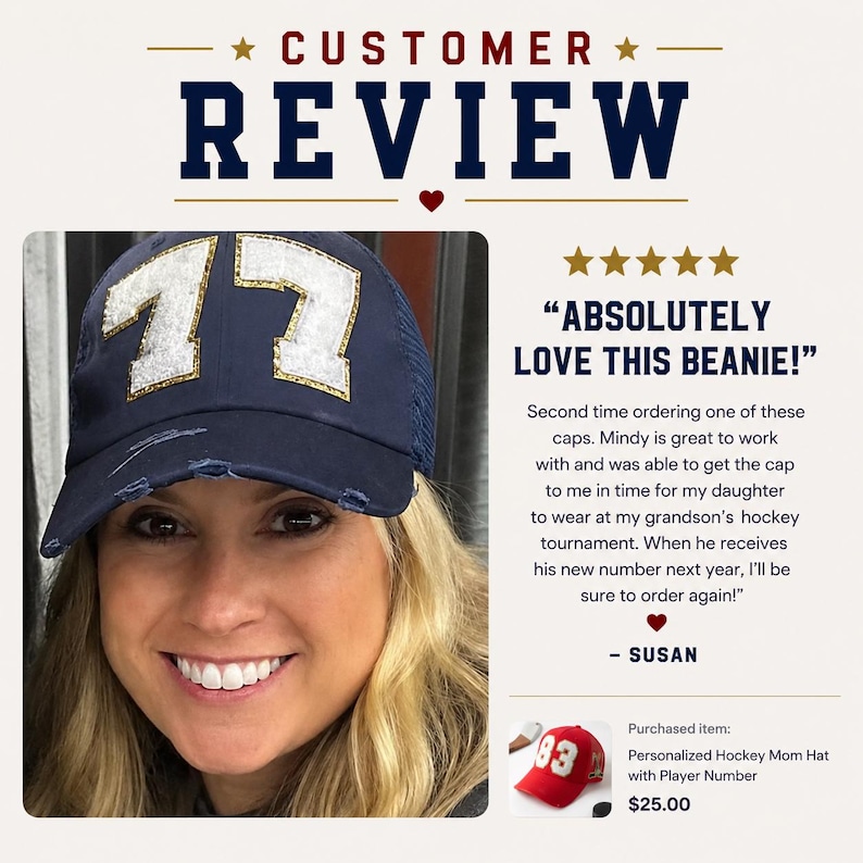 May include: A navy blue baseball cap with a distressed brim and the number 77 in white glittery fabric on the front. The text CUSTOMER REVIEW appears above the image, and a five-star rating with the text ABSOLUTELY LOVE THIS BEANIE is shown.
