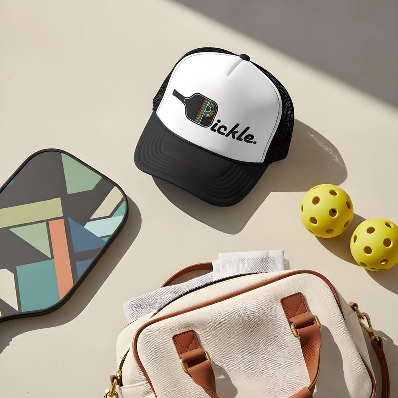 May include: A white and black trucker hat featuring a graphic of a pickleball paddle with rainbow stripes and the text pickle. The set includes a geometric patterned paddle, two yellow perforated pickleballs, and a cream-colored canvas bag.