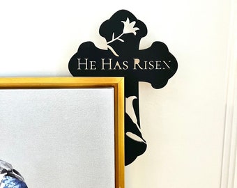 Wood Easter Cross Door Corner Sign: "He Has Risen" Religious Decor