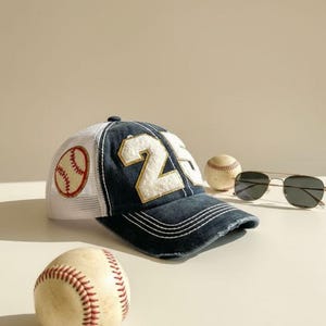 Baseball Mom Hat, Personalized Number Patch, Varsity Trucker Cap Navy/White
