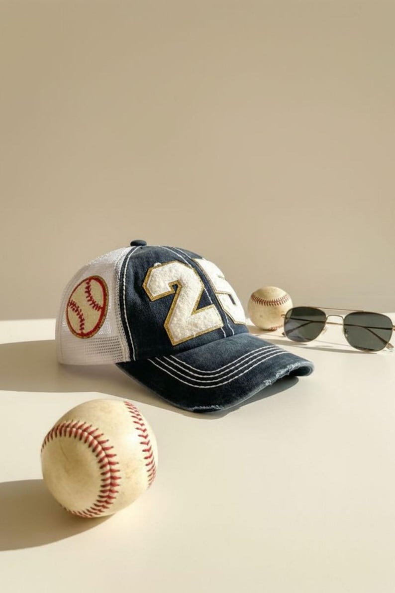 Baseball Mom Hat, Personalized Number Patch, Varsity Trucker Cap Navy/White