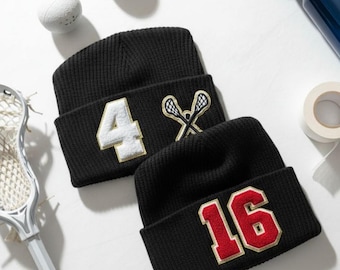 Custom Lacrosse Mom Slouchy Knit Hat with Number Patch