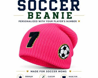 Personalized Soccer Beanie | Custom Soccer Mom Hat with Player Number | Chenille Patch Knit Hat | Soccer Gift for Mom | Game Day Beanie