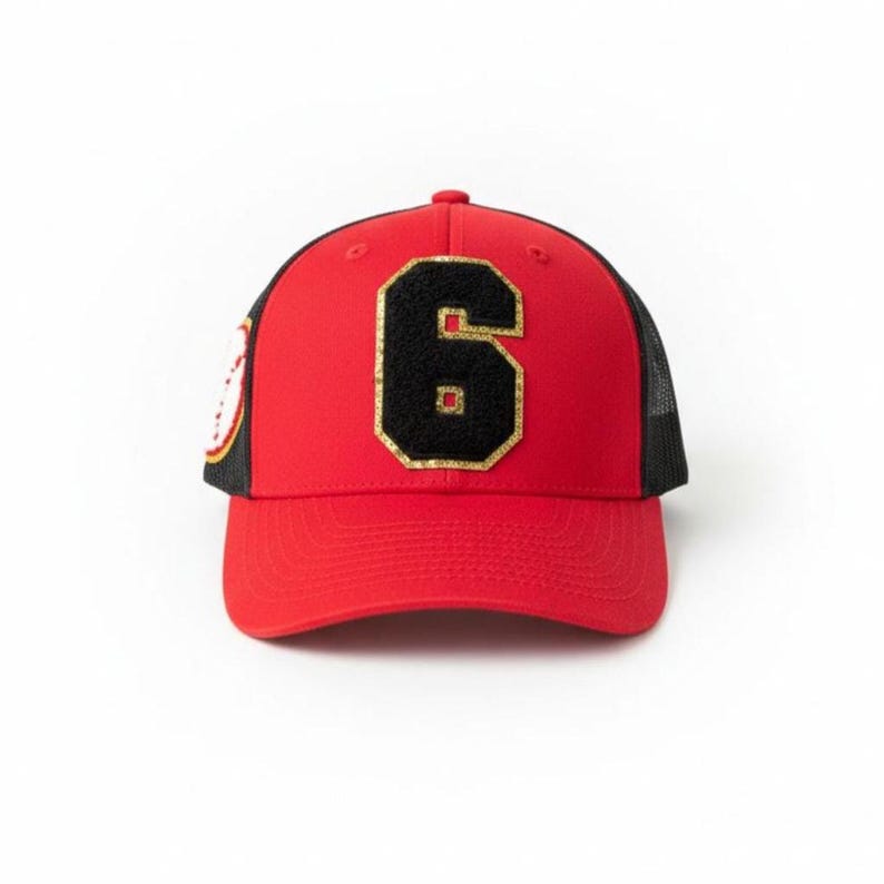 Baseball Mom Hat, Personalized Number Patch, Varsity Trucker Cap RD/BLK Structured