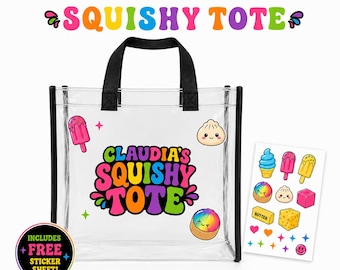 Personalized Squishy Tote Bag, Custom Clear Stadium Bag with Name, Cute Kids Tote with Bonus Sticker Sheet,  Squishy Collector Gift