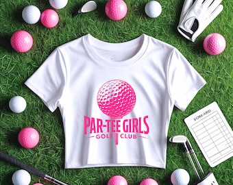 Par-Tee Girls Golf Shirt: Pink Golf Ball Logo, Cropped Ladies Tee