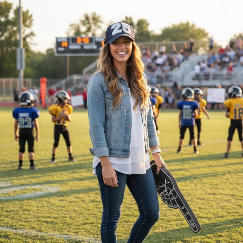 May include: A navy blue baseball cap with the white number 25 on the front, a light blue denim jacket, a white layered top, and dark blue jeans. A black foam finger with white graphic details is held in one hand on a football field.