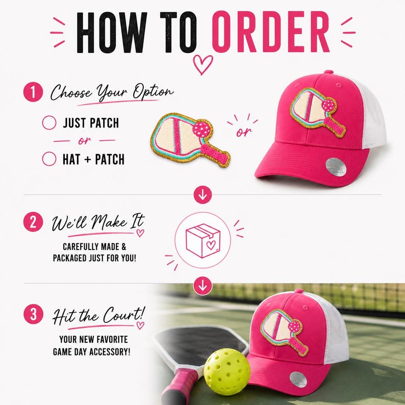 Peut inclure: Un graphique p&eacute;dagogique intitul&eacute; HOW TO ORDER pr&eacute;sentant un &eacute;cusson de raquette de pickleball et une casquette trucker rose et blanche. Les &eacute;tapes incluent le choix entre l'&eacute;cusson ou la casquette, la fabrication et l'utilisation sur le terrain.