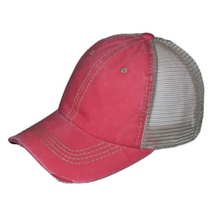 May include: A distressed red baseball cap with a mesh back. The cap has a curved peak and is stitched with beige thread. The mesh back is a light beige colour.