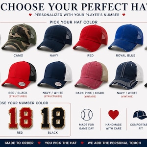 May include: A collection of twelve baseball caps in various colors including black, camo, navy, red, royal blue, white, light blue, and pink. The image displays options for personalized number patches in white, red, or black with gold trim.