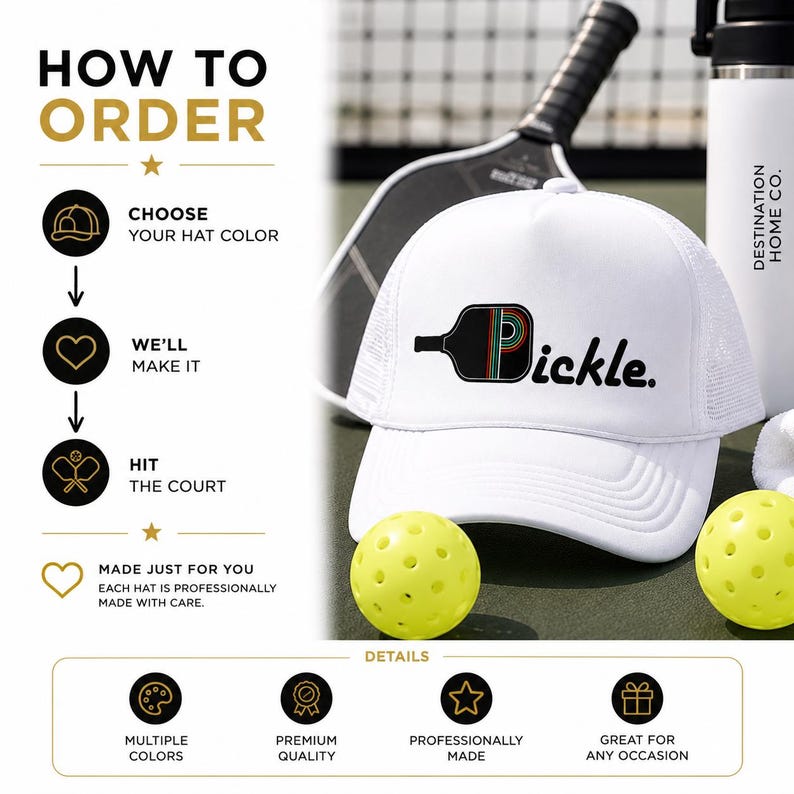 May include: A white trucker hat featuring a graphic of a black pickleball paddle with a rainbow-striped letter P and the text pickle. The hat is displayed alongside two yellow perforated pickleballs, a paddle, and a white water bottle.