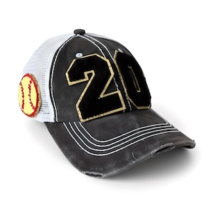 Baseball Mom Hat, Personalized Number Patch, Varsity Trucker Cap Black/White